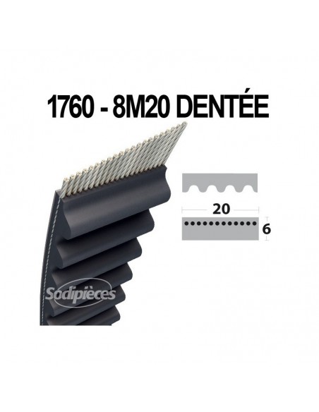 Courroie tondeuse 1760-8M20 Simple Denture. Larg : 20 mm x 1760 mm.