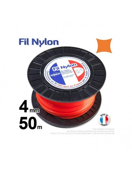 Fil débroussailleuse nylon carré. 4 mm x 50 m. Bobine. Orange