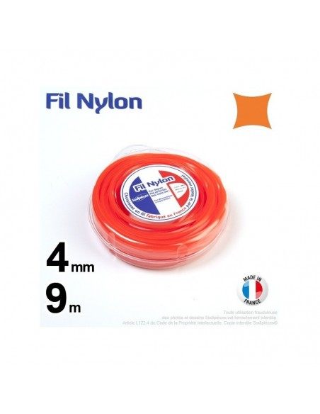 Fil débroussailleuse nylon carré. 4 mm x 9 m. Coque. Orange