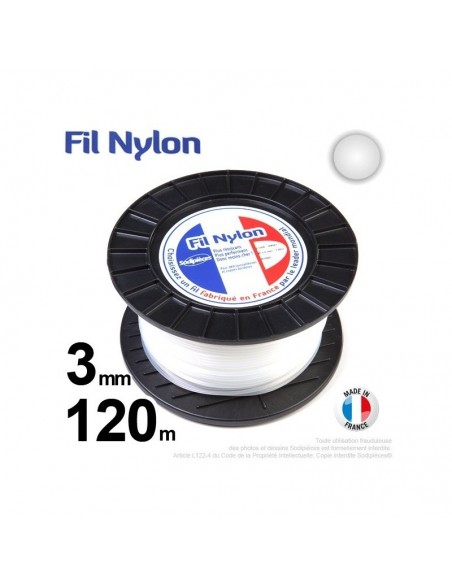 Fil débroussailleuse nylon rond. 3 mm x 120 m. Bobine. Blanc