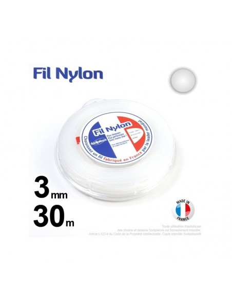 Fil débroussailleuse nylon Rond. 3 mm x 30 m. Coque. Blanc