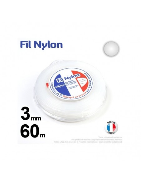 Fil débroussailleuse nylon Rond. 3 mm x 60 m. Coque. Blanc