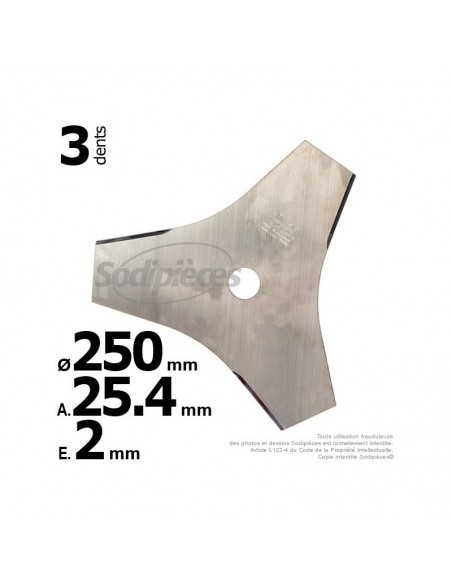 Lame 3 dents. Ø 250 mm. Al 25,4 mm. Ep 2 mm.