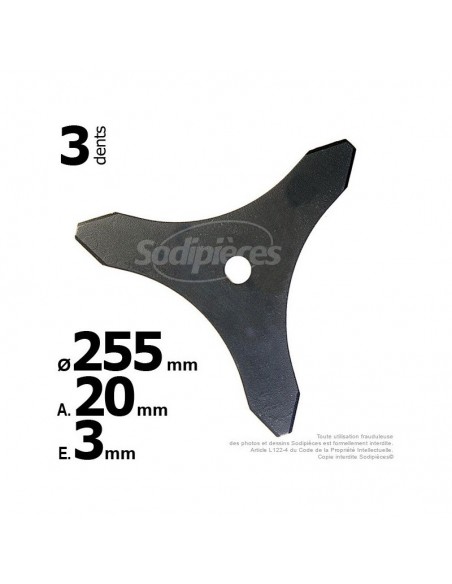 Lame 3 dents. Ø 255 mm. Al 20 mm. Ep 3 mm.