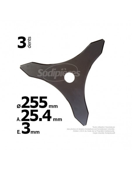 Lame 3 dents. Ø 255 mm. Al 25,4 mm. Ep 3 mm. Pour débroussailleuse