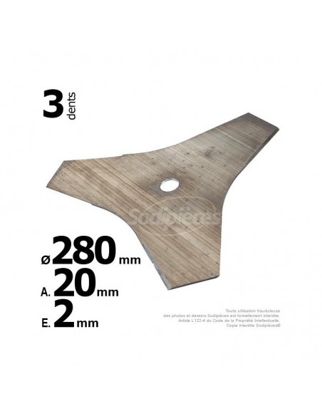 Lame 3 dents. Ø 280 mm. Al 20 mm. Ep 2 mm.