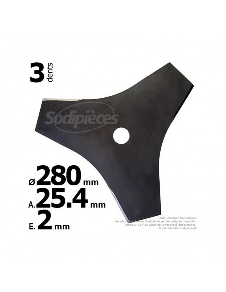 Lame 3 dents. Ø 280 mm. Al 25,4 mm. Ep 2 mm.