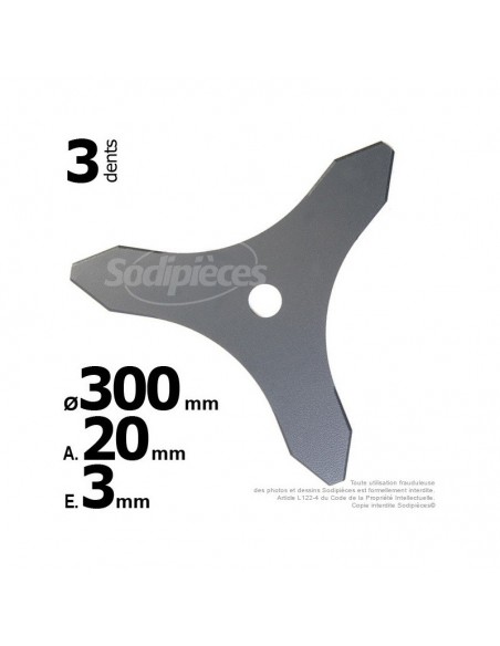 Lame 3 dents. Ø 300 mm. Al 20 mm. Ep 3 mm.
