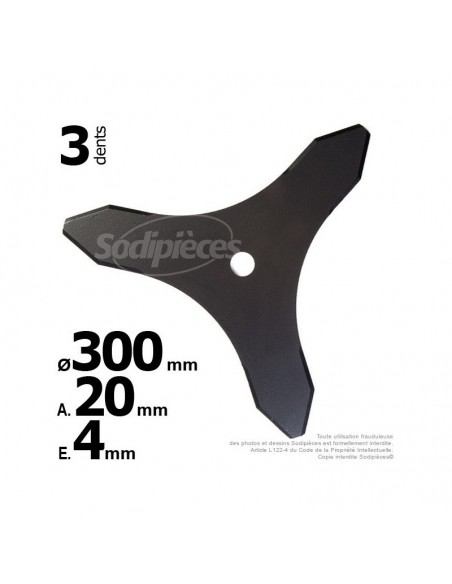 Lame 3 dents. Ø 300 mm. Al 20 mm. Ep 4 mm.