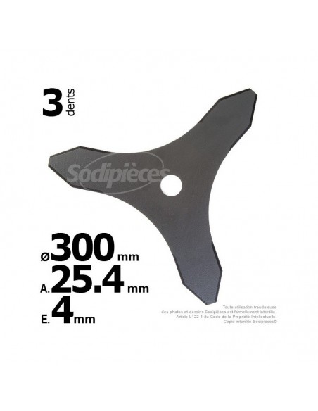 Lame 3 dents. Ø 300 mm. Al 25,4 mm. Ep 4 mm.