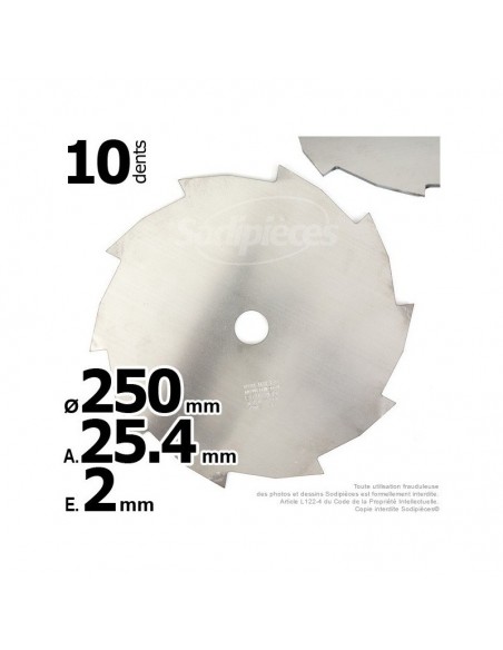 Lame disque 10 dents. Ø 250 mm. Al 25,4 mm. Ep 2 mm.