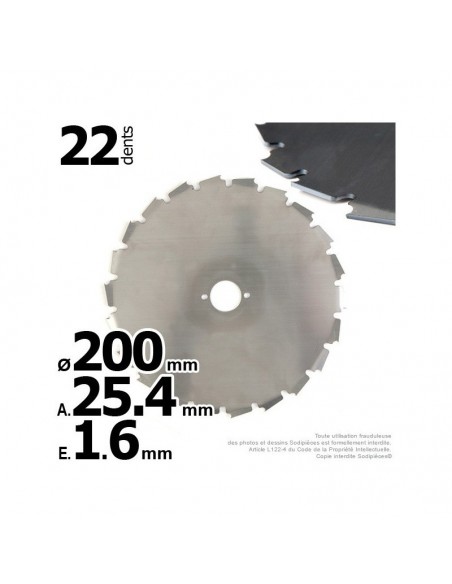 Lame disque 22 dents à gouges dentées Ø 200 mm. Al 25,4 mm. E 1,6 mm