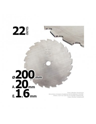 Lame disque 22 dents à gouges Ø 200 mm. Al 20 mm. Ep 1,6 mm