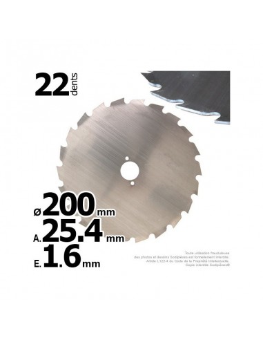 Lame disque 22 dents à gouges Ø 200 mm. Al 25,4 mm. Ep 1,6 mm