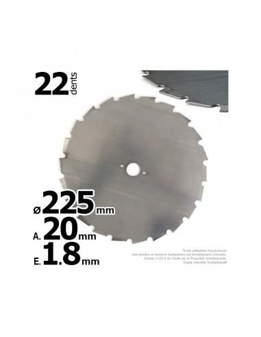 Lame disque 22 dents à gouges Ø 225 mm. Al 20 mm. Ep 1,8 mm