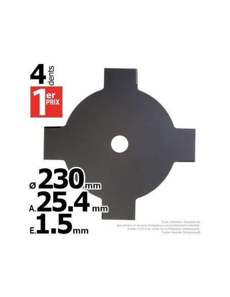 Lame disque 4 dents. Ø 230 mm. Al 25,4 mm. Ep 1,5 mm.