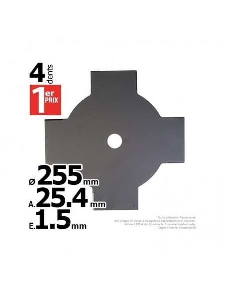 Lame disque 4 dents. Ø 255 mm. Al 25,4 mm. Ep 1,5 mm.