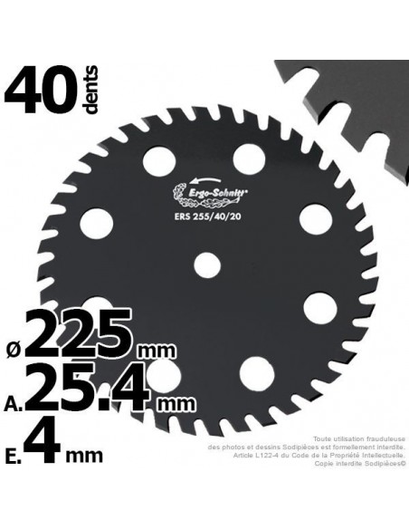 Lame disque 40 dents. Ø 225 mm. Al 25,4 mm. Ergo-Schnitt 8 aérations.