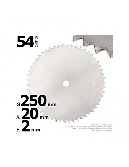 Lame disque 54 dents scie. Ø 250 mm. Al 20 mm. Ep 2 mm.