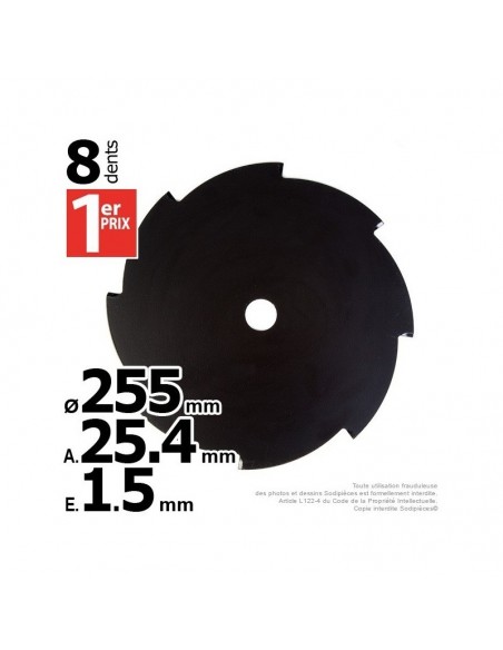 Lame disque 8 dents. Ø 255 mm. Al 25,4 mm. Ep 1,5 mm.