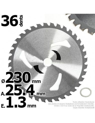Lame disque carbure 36 dents tungstène Ø 230 mm. Al. 25,4 mm. Ep. 1,3 mm. 3 aérations