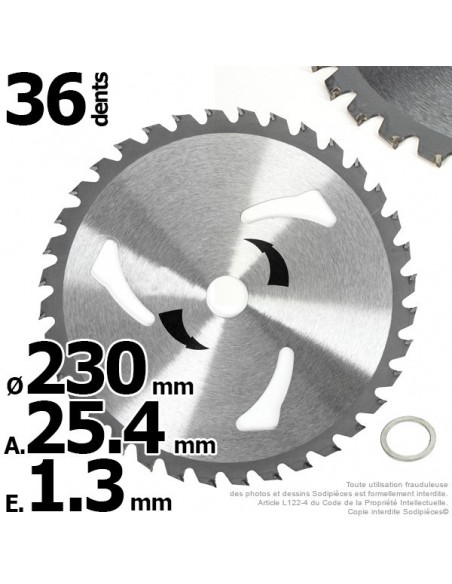 Lame disque carbure 36 dents tungstène Ø 230 mm. Al. 25,4 mm. Ep. 1,3 mm. 3 aérations