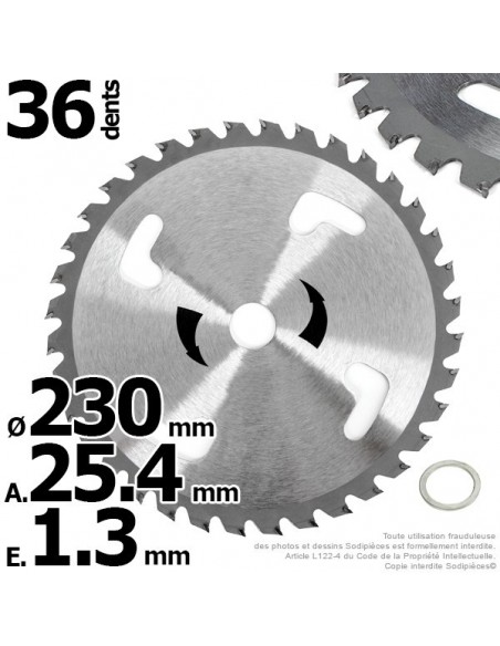 Lame disque carbure 36 dents tungstène Ø 230 mm. Al. 25,4 mm. Ep. 1,3 mm. 4 aérations