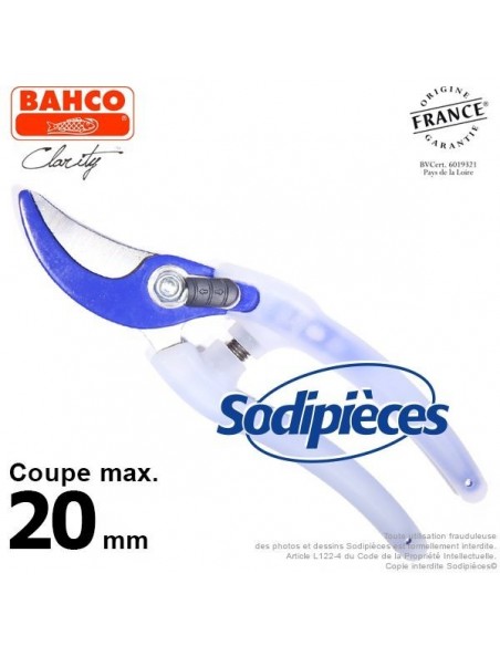 Sécateur acier trempé Clarity Bahco Pradines PG-05-Blue. 20 mm. Confort. Fabriqué en France