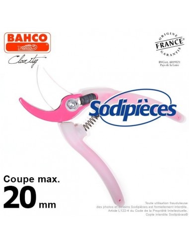 Sécateur acier trempé Clarity Bahco Pradines PG-05-Pink. 20 mm. Confort. Fabriqué en France