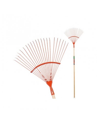 Balai à gazon 20 dents. Acier rouge. Manche bois 150 cm
