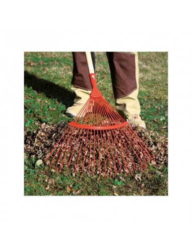 Balai à gazon 20 dents. Acier rouge. Manche bois 150 cm