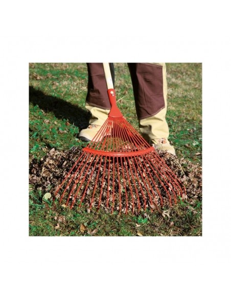 Balai à gazon 20 dents. Acier rouge. Manche bois 150 cm