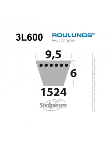 Courroie tondeuse 3L600 Roulunds Continental 9,5 x 6 x 1524 mm