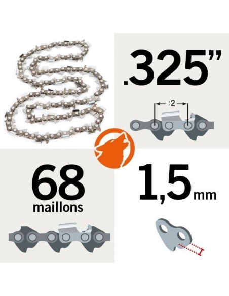 Chaîne tronçonneuse KERWOOD 68 maillons 325", 1,5mm, modèle semi carrée