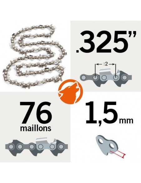 Chaîne tronçonneuse KERWOOD 76 maillons 325", 1,5mm, modèle semi carrée