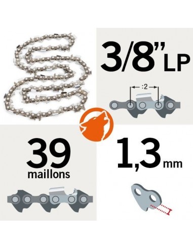 Chaîne tronçonneuse KERWOOD 39 maillons 3/8"LP, 1,3mm, modèle semi carrée