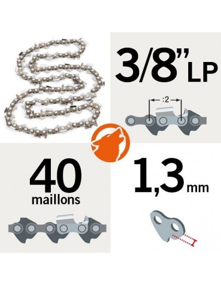 Chaîne tronçonneuse KERWOOD 40 maillons 3/8"LP, 1,3mm, modèle semi carrée