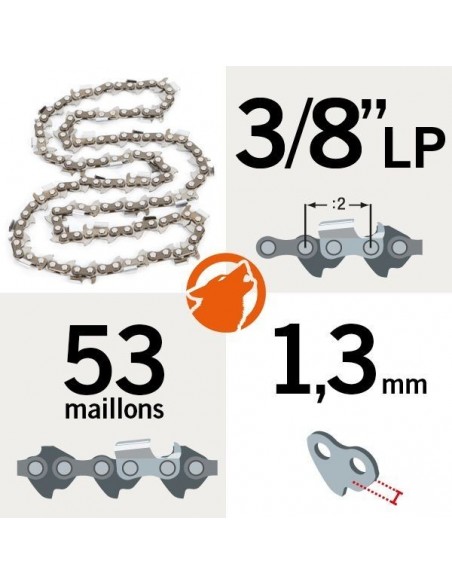 Chaîne tronçonneuse KERWOOD 53 maillons 3/8"LP, 1,3mm, modèle semi carrée