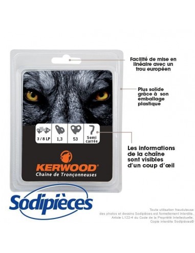 Chaîne tronçonneuse KERWOOD 53 maillons 3/8"LP, 1,3mm, modèle semi carrée