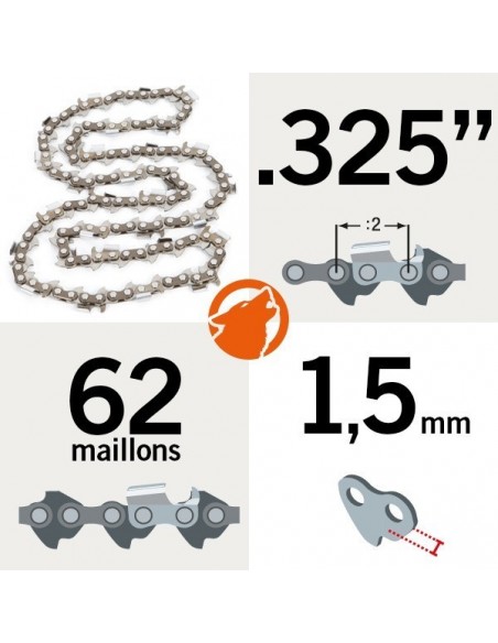 Chaîne tronçonneuse KERWOOD 62 maillons 0.325", 1,5mm, modèle semi carrée