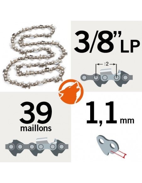 Chaîne tronçonneuse KERWOOD 39 maillons 3/8"LP, 1,1mm, modèle semi carrée