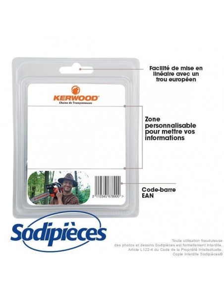 Chaîne tronçonneuse KERWOOD 39 maillons 3/8"LP, 1,1mm, modèle semi carrée