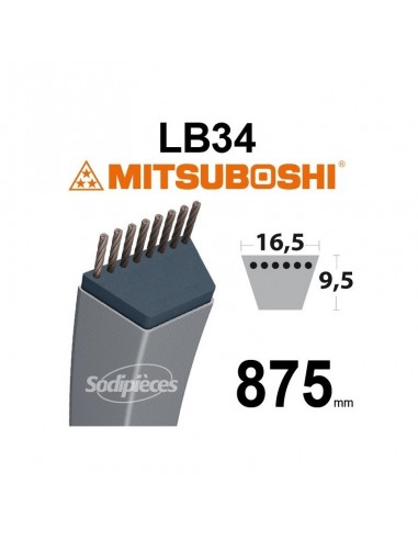 Courroie tondeuse LB34 Mitsuboshi. 16,5 mm x 875 mm.