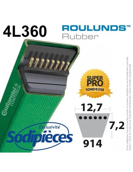 Courroie tondeuse 4L360 Roulunds Continental 12,7 x 7,2 x 914 mm