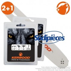Kit 1 guide. 45 cm, 3/8". 1,5 mm. 18A3KSWB + 2 chaînes 64 maillons 3/8", 1,5mm. Kerwood