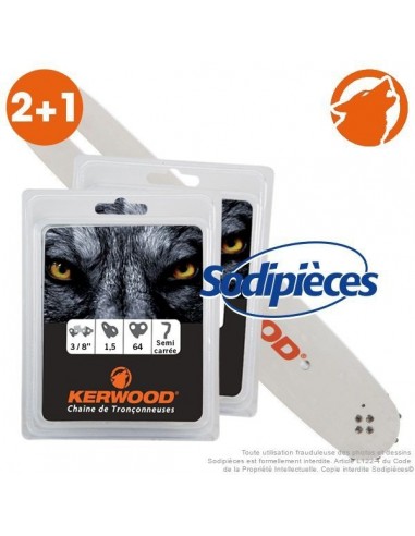Kit 1 guide. 45 cm, 3/8". 1,5 mm. 18A3KSWB + 2 chaînes 64 maillons 3/8", 1,5mm. Kerwood