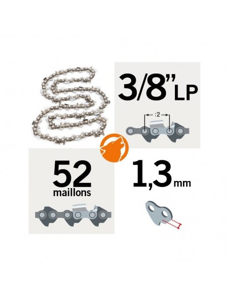 Chaîne tronçonneuse KERWOOD 53 maillons 3/8"LP, 1,3mm, modèle semi carrée