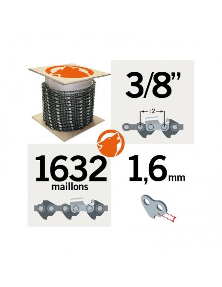 Chaîne tronçonneuse KERWOOD 100 pieds 3/8", 1,6mm