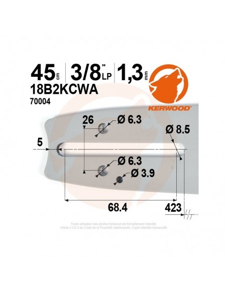 Guide tronçonneuse Kerwood. 45 cm. 3/8LP. 1,3 mm"