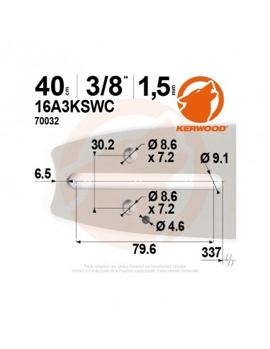 Guide tronçonneuse kerwood. 40cm. 3/8. 1,5 mm."